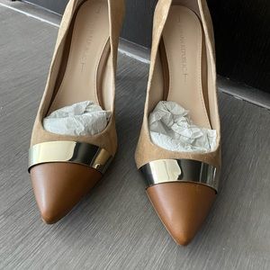 Tan suede heels with cap toe